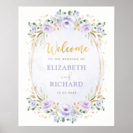 Póster de bienvenida de boda floral dorado púrpura