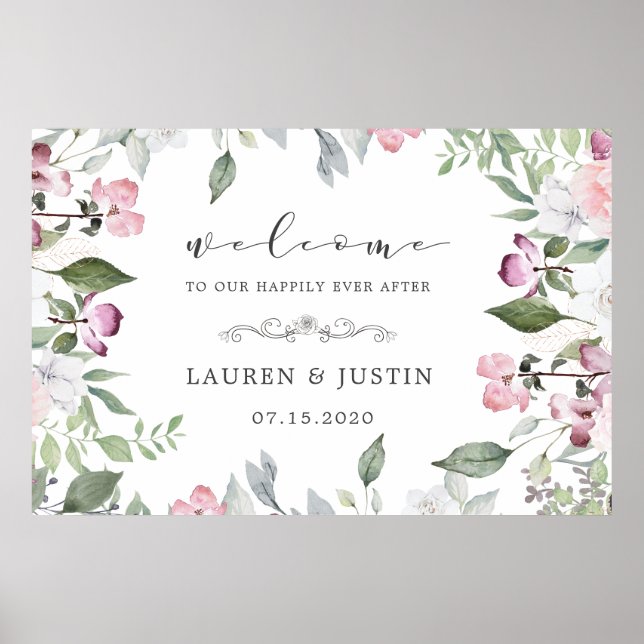 Póster de bienvenida de boda floral Jardín de Rosa (Frente)