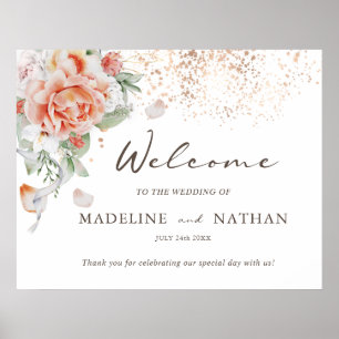 Póster de bienvenida de boda floral melocotón y bl