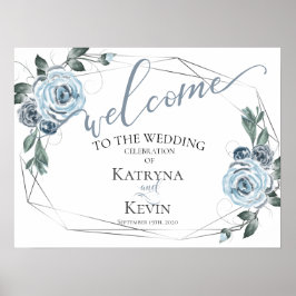 Póster de Bienvenida de Boda Floral Rústico Azul P
