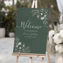 Póster de bienvenida de boda floral vintage verde 
