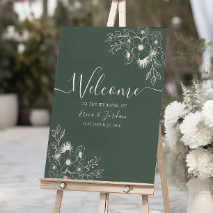 Póster de bienvenida de boda floral vintage verde 