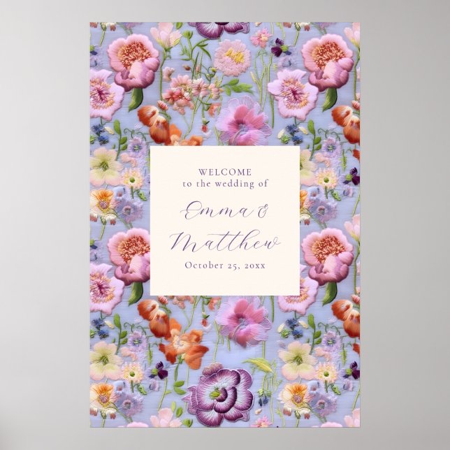 Póster de bienvenida de boda grande bordado en púr (Frente)