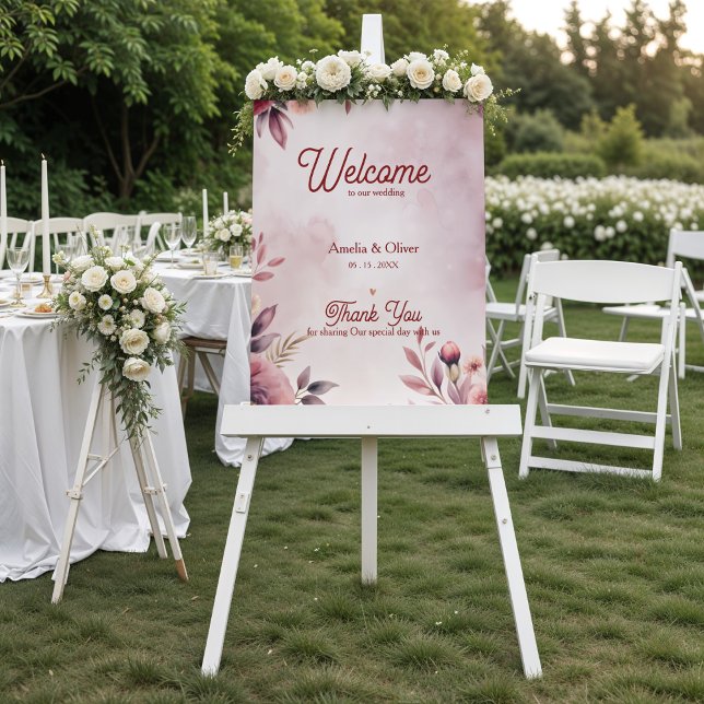 Póster de bienvenida de boda – Letrero rosa floral (Wedding Welcome Poster – Blush Floral Pink Sign)