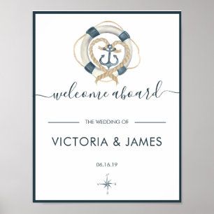 Póster de bienvenida de boda náutico de la Marina 