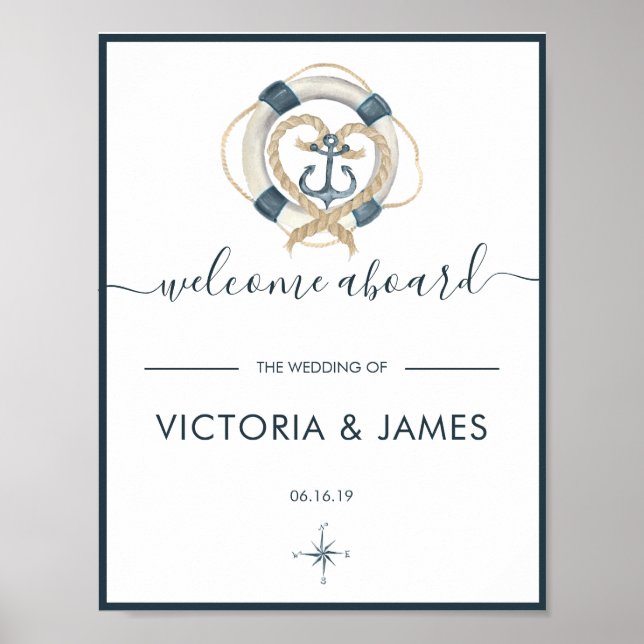 Póster de bienvenida de boda náutico de la Marina  (Frente)