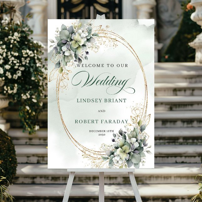 Póster de bienvenida de boda romántico con vegetac (Romantic Greenery Gold Wedding Welcome Poster)