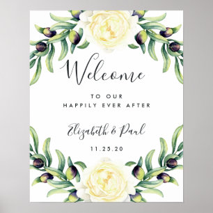 Póster de bienvenida de boda Rosas y Olivos