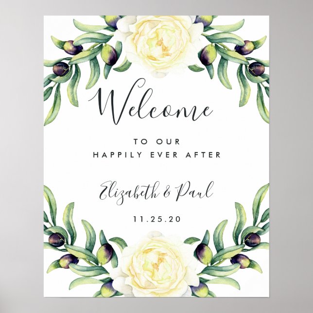 Póster de bienvenida de boda Rosas y Olivos (Frente)