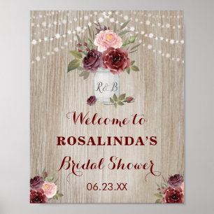 Póster de bienvenida de boda rústica con flores ro