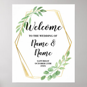 Póster de bienvenida de boda Signo dorado Hojas Pó