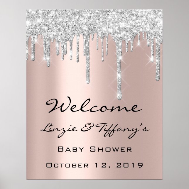 Póster de bienvenida de boda Silver Drips Baby Sho (Frente)