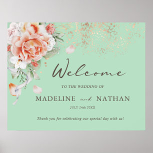 Póster de bienvenida de boda verde menta y floral