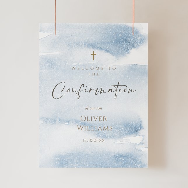 Póster de bienvenida de confirmación de niño con a (Blue Watercolor Boy Confirmation Welcome Poster)