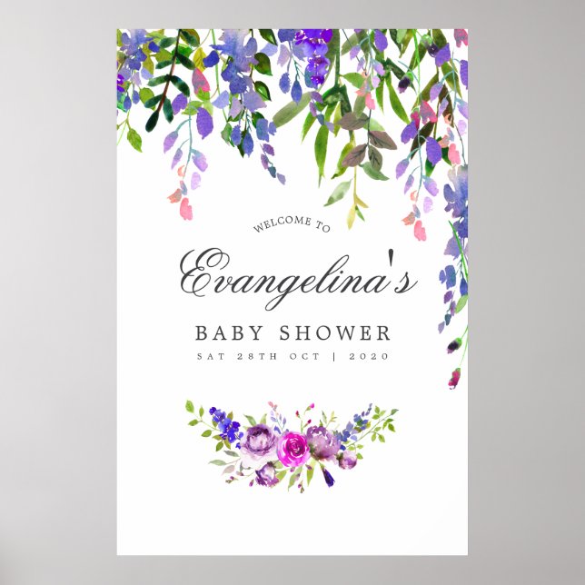 Póster de bienvenida de ducha de acuarela violeta  (Frente)
