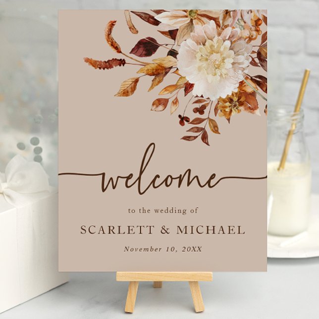 Póster de bienvenida de hojas de otoño rústico tau (Rustic Taupe Fall Leaves Welcome Sign Poster by Painted Paperie
)