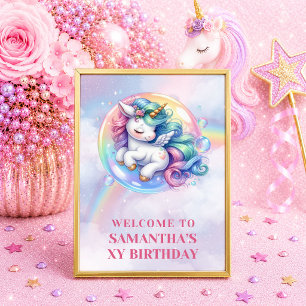 Póster de bienvenida de niña pastel unicornio enca