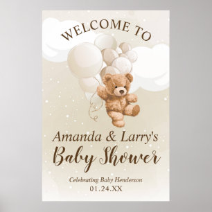 Póster de bienvenida de osito de peluche con globo