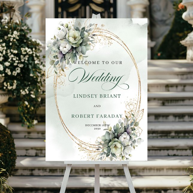 Póster de bienvenida de rosas blancas botánicas mo (Modern Botanical White Roses Welcome Poster)