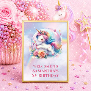 Póster de bienvenida de unicornio rosa púrpura soñ