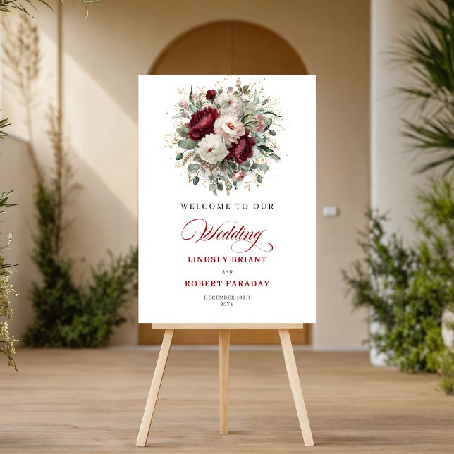 Póster de bienvenida dorado floral de Borgoña sofi (Sophisticated Burgundy Floral Gold Welcome Poster)