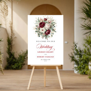 Póster de bienvenida floral borgoña romance modern