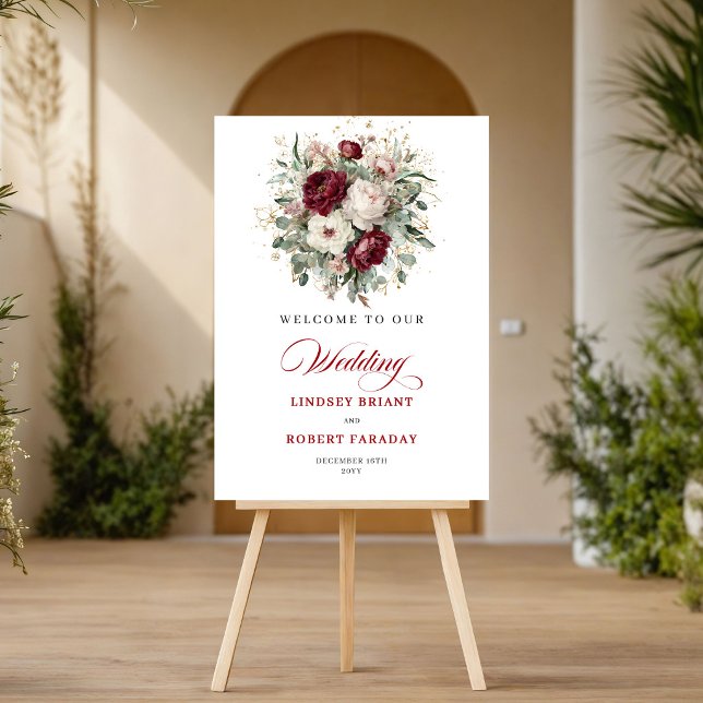 Póster de bienvenida floral borgoña romance modern (Modern Romance Burgundy Floral Gold Welcome Poster)