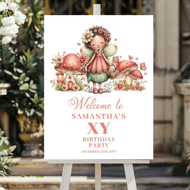 Póster de Bienvenida Floral Rosa para el Tercer Cu (Cute Fairy 3rd Birthday Pink Floral Welcome Poster)