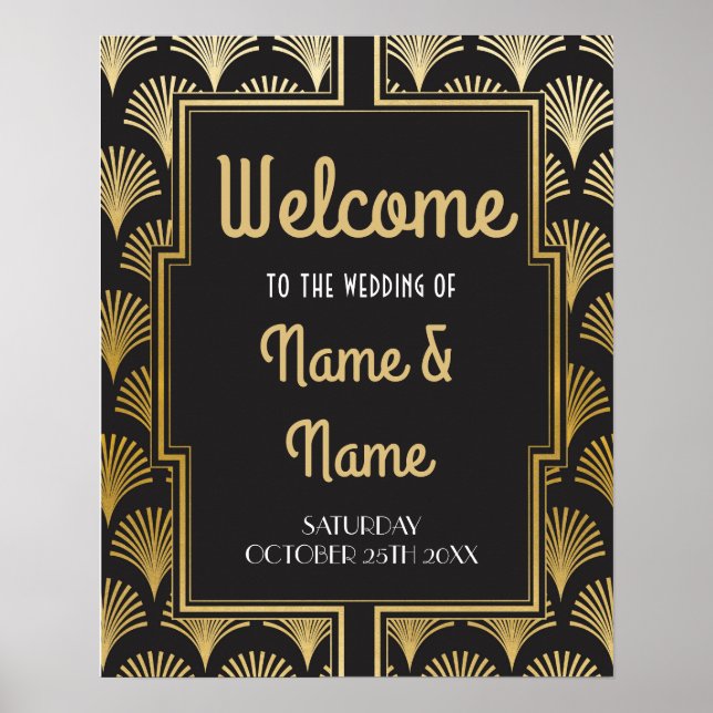 Póster de bienvenida Gatsby Arte Deco Boda Dorada  (Frente)