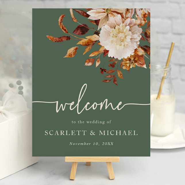 Póster de Bienvenida Otoño Verde Salvia (Elegant Sage Green Autumn Floral Welcome Sign Poster by Painted Paperie
)