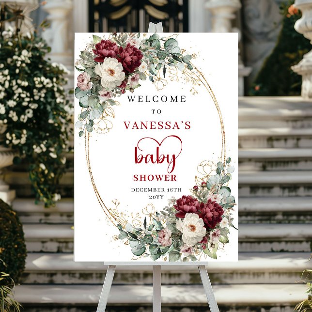Póster de bienvenida para baby shower boho floral  (Burgundy Floral Boho Baby Shower Welcome)