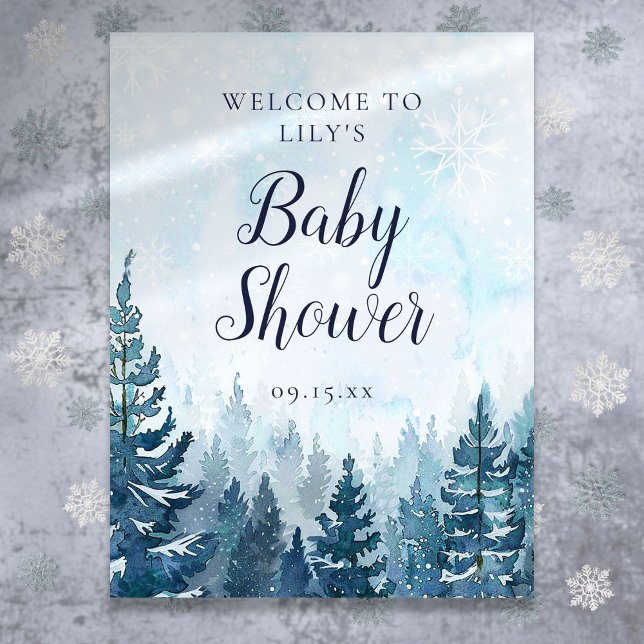 Póster de bienvenida para baby shower Bosque de Pi (Winter Pine Tree Forest Baby Shower Welcome Poster)