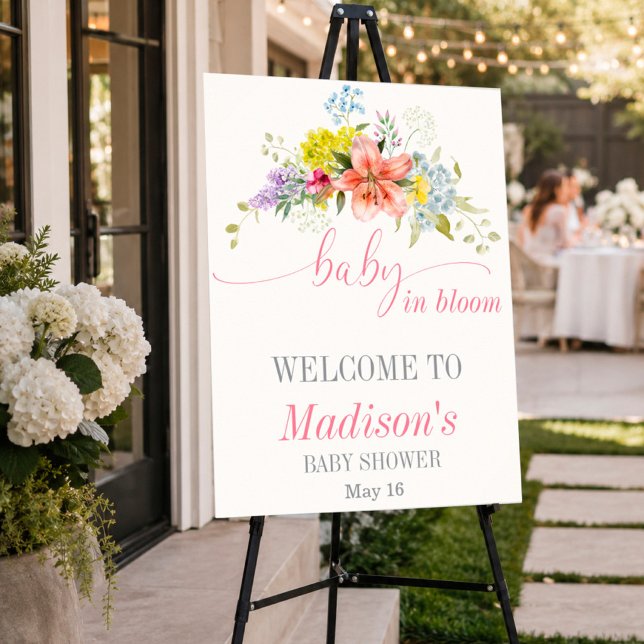 Póster de bienvenida para baby shower con flores e (Welcome Sign Baby Shower - Baby in Bloom)