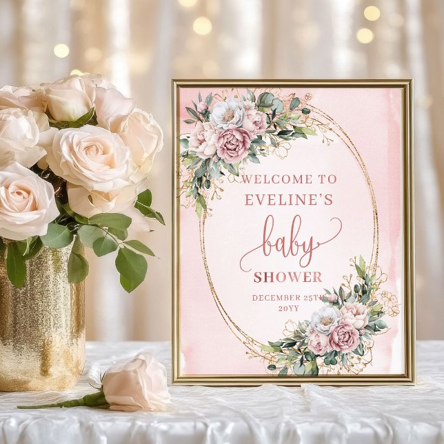 Póster de bienvenida para baby shower de Eucalipto (Dusty Pink Eucalyptus Welcome Baby Shower Poster)