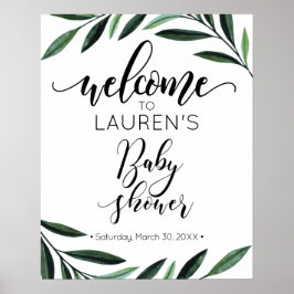 Póster de bienvenida para baby shower de greenery 