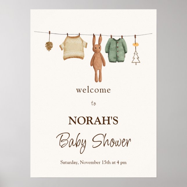 Póster de bienvenida para baby shower de ropa de n (Frente)
