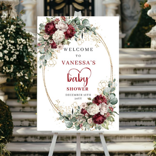 Póster de bienvenida para baby shower de vegetació (Burgundy Greenery Baby Shower Welcome)