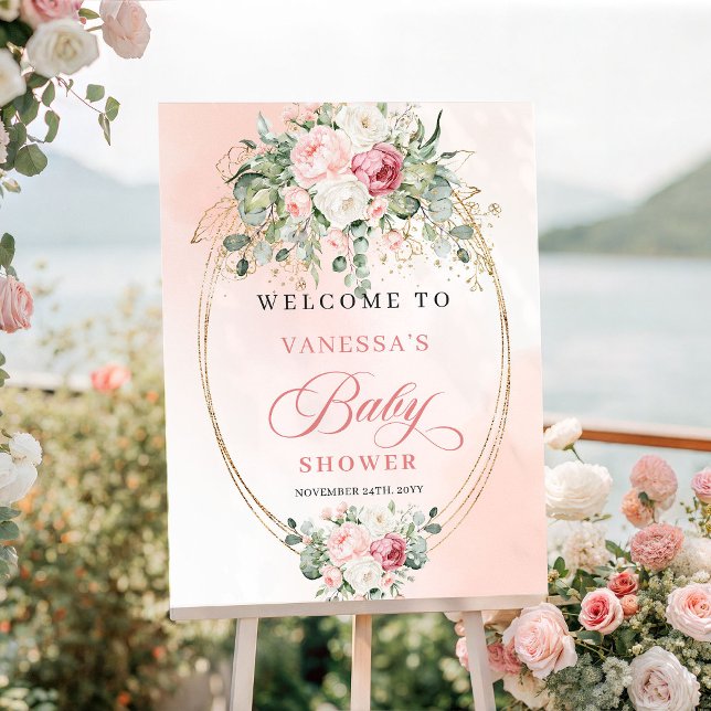 Póster de Bienvenida para Baby Shower Modern Boho  (Modern Boho Blush Roses Baby Shower Welcome Poster

)