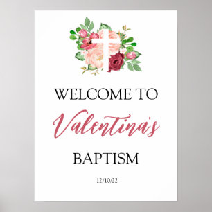 Póster de bienvenida para bautizo con flores rosad