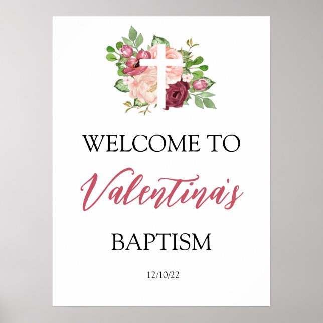 Póster de bienvenida para bautizo con flores rosad (Frente)