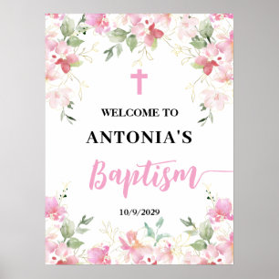 Póster de bienvenida para bautizo de niña con flor