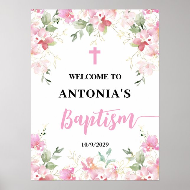 Póster de bienvenida para bautizo de niña con flor (Frente)