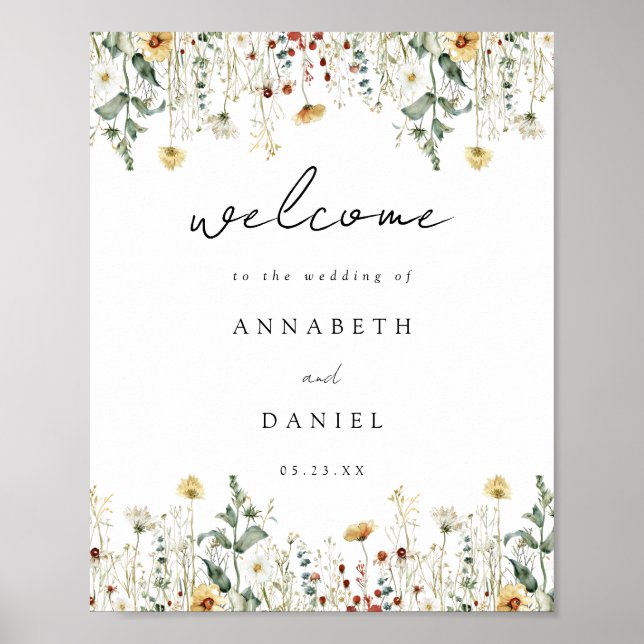 Póster de bienvenida para boda en campo de flores  (Frente)