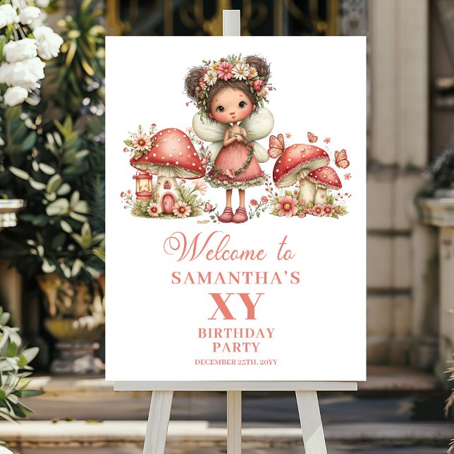 Póster de Bienvenida para el Tercer Cumpleaños de  (Whimsical Pink Fairy 3rd Birthday Welcome Poster)