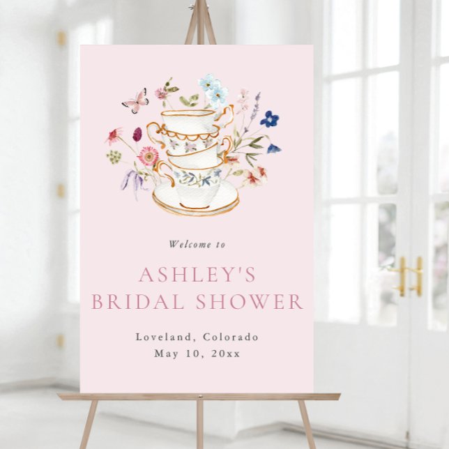 Póster de Bienvenida para Té Nupcial (Floral Pink Bridal Tea Welcome Poster with Butterfly by Painted Paperie
)