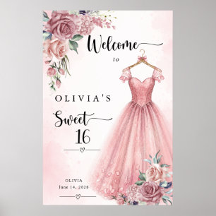 Póster de bienvenida para vestido floral rosa polv