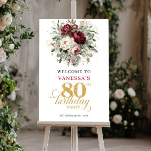 Póster de bienvenida por 80 cumpleaños con flores