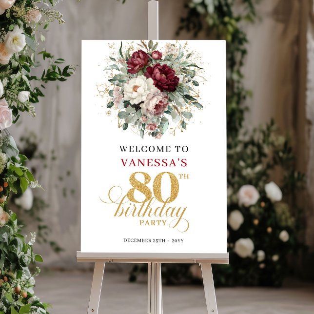 Póster de bienvenida por 80 cumpleaños con flores  (Opulent Maroon Floral 80th Birthday Welcome Poster)