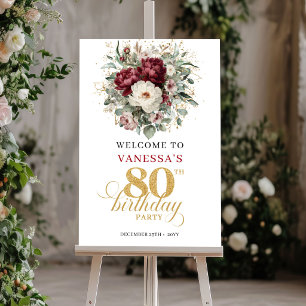 Póster de bienvenida por 80 cumpleaños Floral Glam