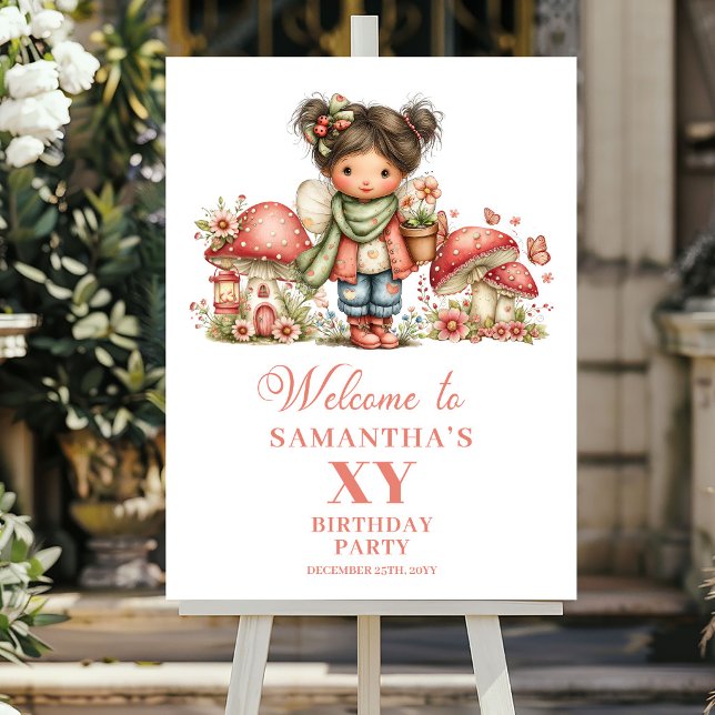 Póster de Bienvenida por el 4to Cumpleaños de la H (Pink Floral Fairy 4th Birthday Welcome Poster)